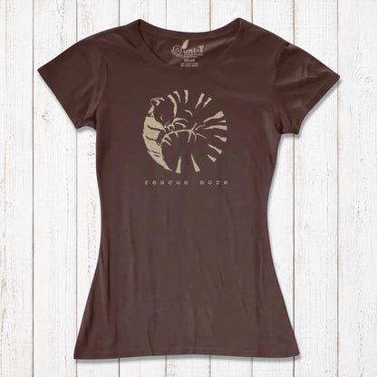 Brown bamboo and organic cotton women's cat t-shirt with light 'Rescue More' graphic. Ideal sustainable gift for cat lovers.