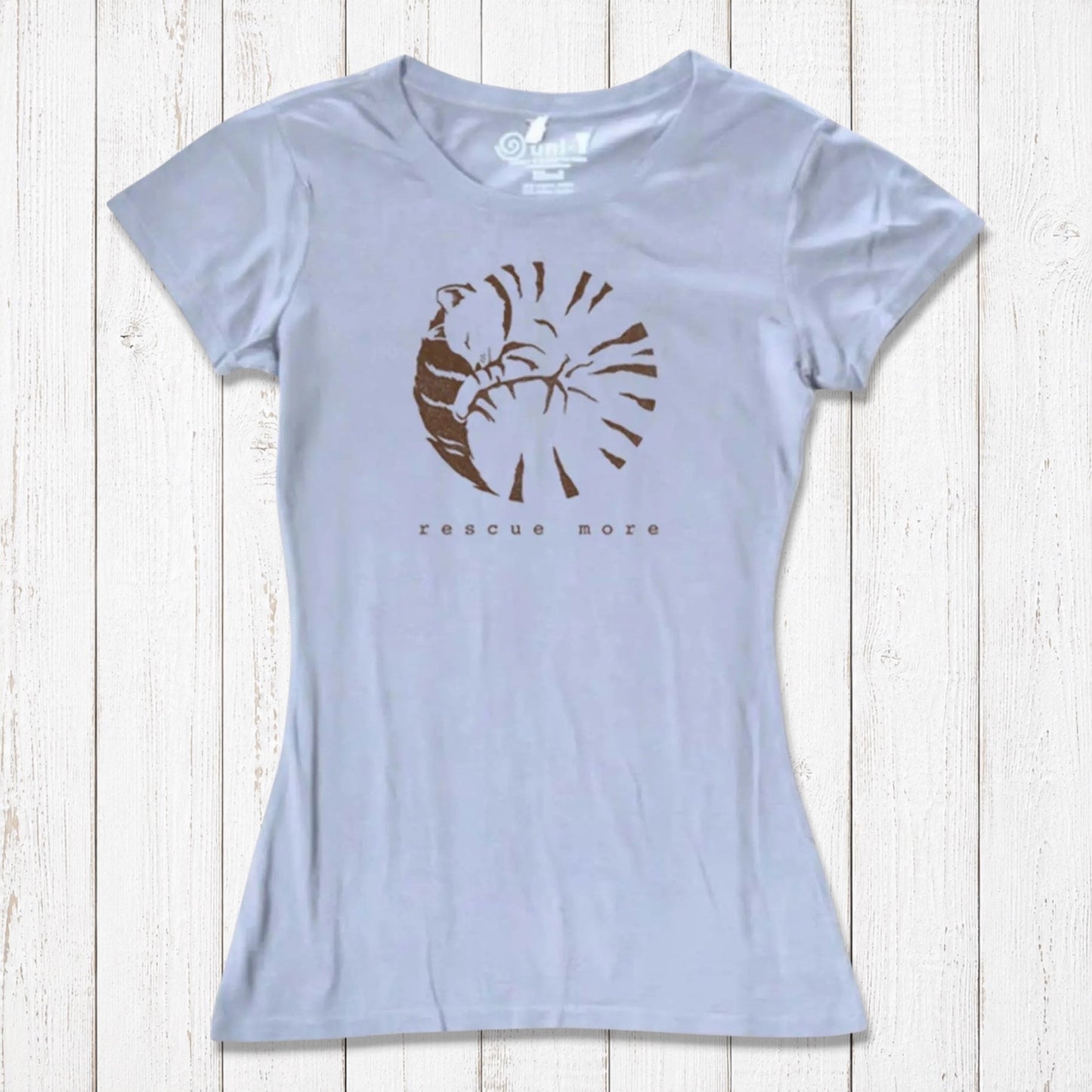 Light blue women's cat t-shirt in bamboo and organic cotton with brown 'Rescue More' print. Eco-friendly and soft for pet lovers.
