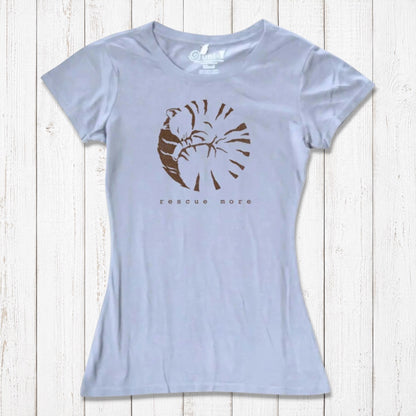 Light blue women's cat t-shirt in bamboo and organic cotton with brown 'Rescue More' print. Eco-friendly and soft for pet lovers.