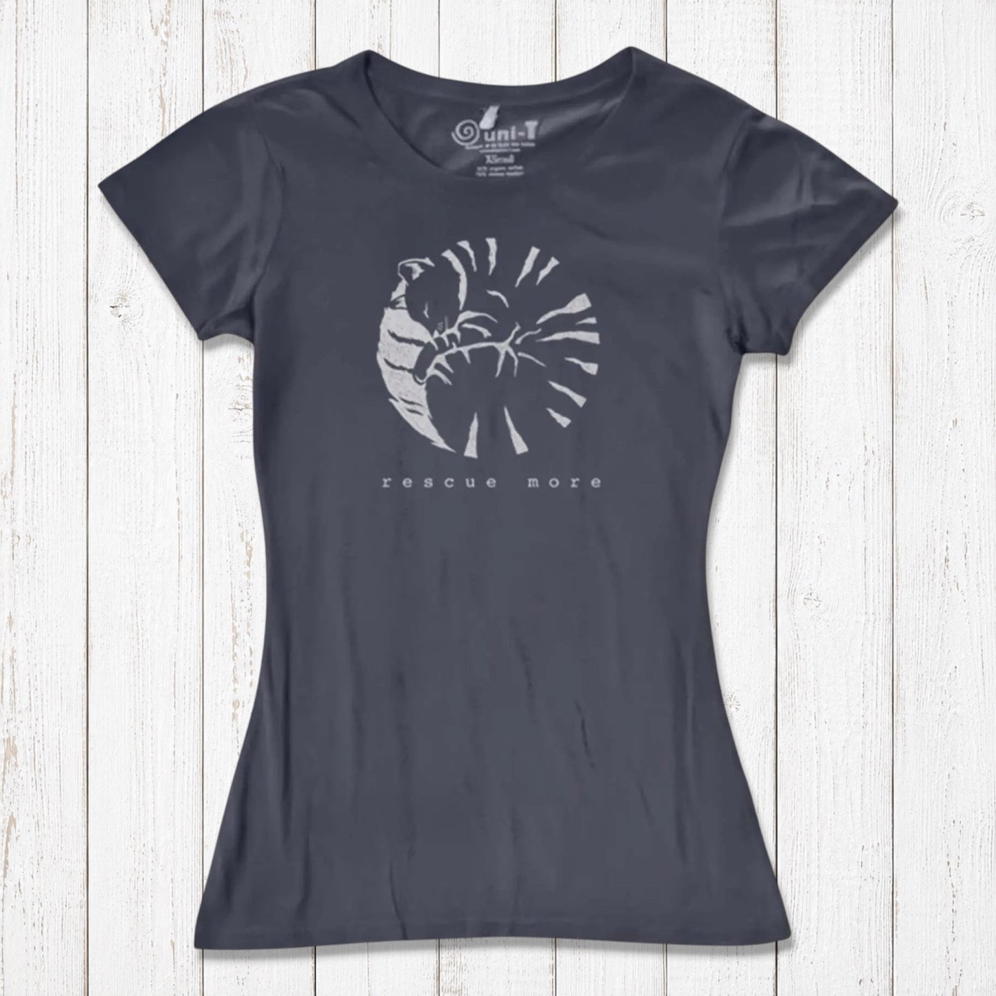 Charcoal gray women's bamboo and organic cotton cat t-shirt with silver 'Rescue More' graphic. Sustainable tee for animal advocates.