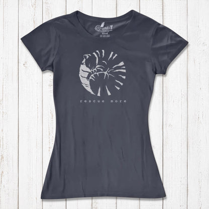 Charcoal gray women's bamboo and organic cotton cat t-shirt with silver 'Rescue More' graphic. Sustainable tee for animal advocates.