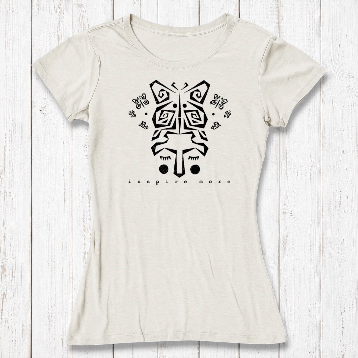 Women's Butterfly Art T-Shirt in Bamboo & Organic Cotton in ivory with black graphic. Features 'Inspire More' message and abstract butterfly design.