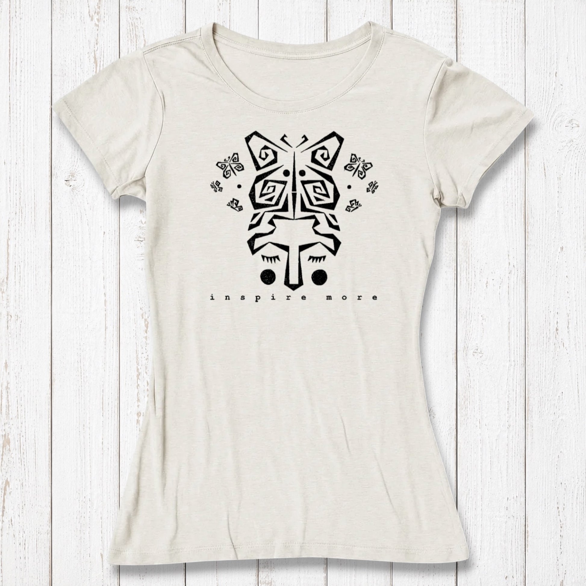Women's Butterfly Art T-Shirt in Bamboo & Organic Cotton in ivory with black graphic. Features 'Inspire More' message and abstract butterfly design.