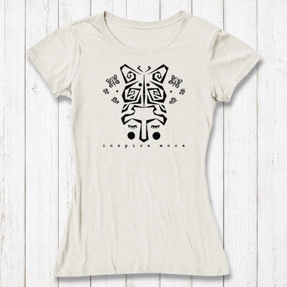 Women's Butterfly Art T-Shirt in Bamboo & Organic Cotton in ivory with black graphic. Features 'Inspire More' message and abstract butterfly design.