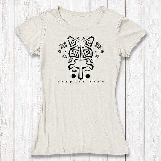 Women's Butterfly Art T-Shirt in Bamboo & Organic Cotton in ivory with black graphic. Features 'Inspire More' message and abstract butterfly design.