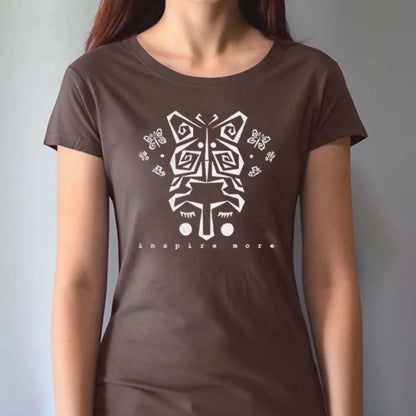 Brown bamboo and organic cotton women's t-shirt with white butterfly art and 'Inspire More' text. Eco-friendly inspirational graphic tee by Uni-T.