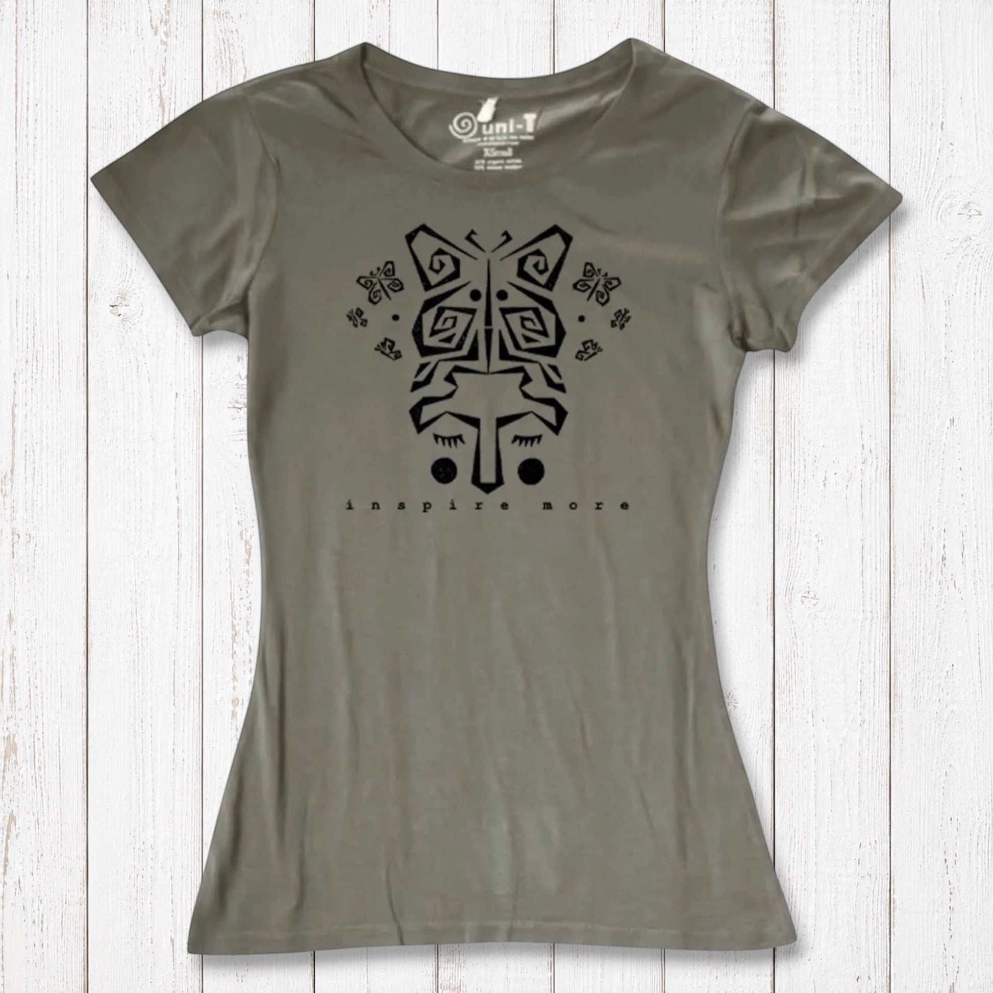 Olive green women's bamboo and organic cotton t-shirt with black butterfly face graphic and 'Inspire More' message. Sustainable nature-inspired tee.