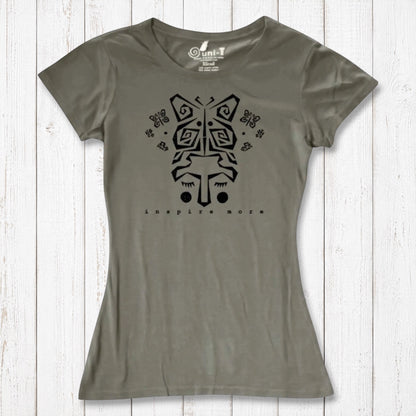 Olive green women's bamboo and organic cotton t-shirt with black butterfly face graphic and 'Inspire More' message. Sustainable nature-inspired tee.