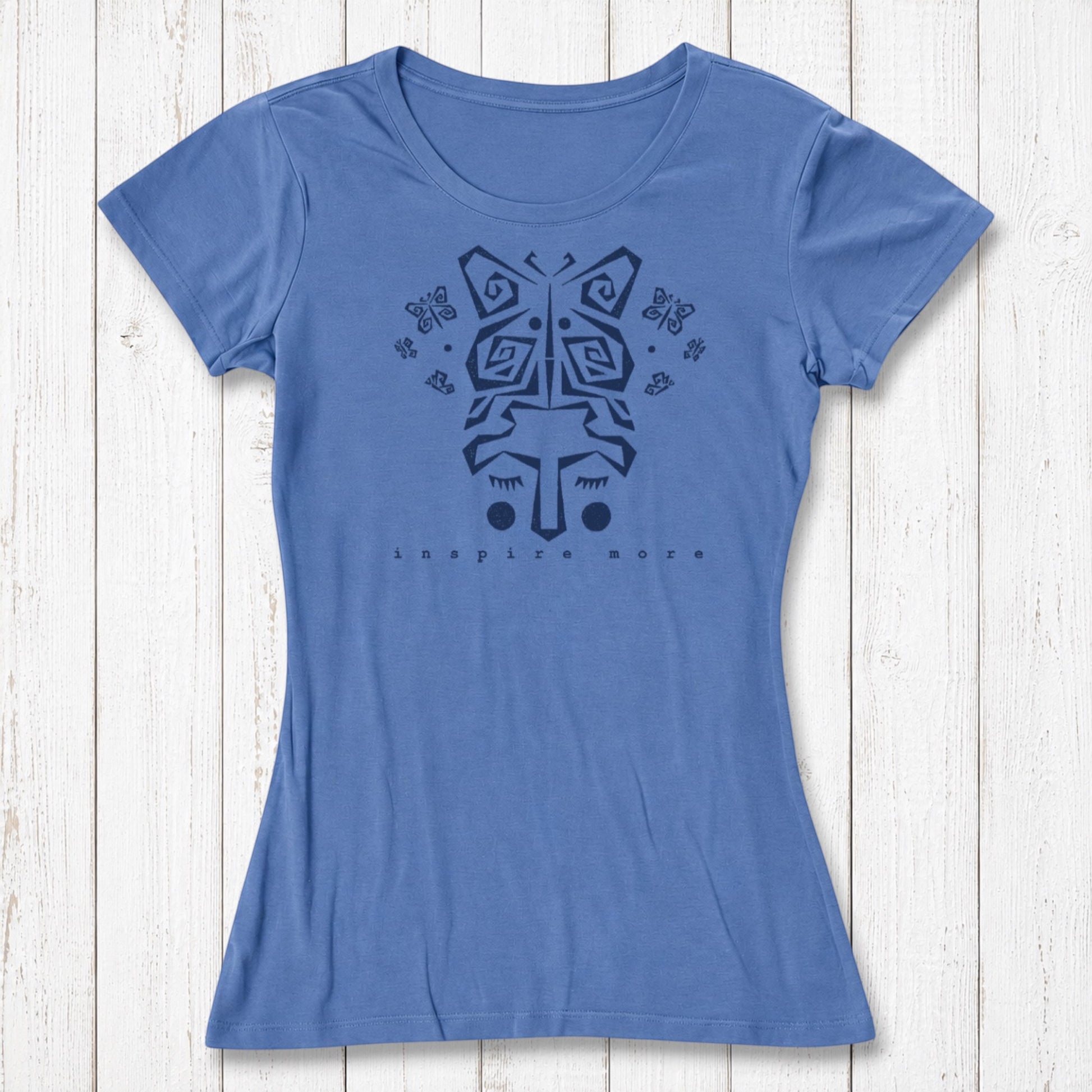 Blue women's bamboo and organic cotton t-shirt with dark butterfly artwork and 'Inspire More' quote. Soft, eco-conscious inspirational top by Uni-T.