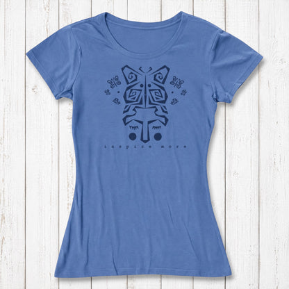 Blue women's bamboo and organic cotton t-shirt with dark butterfly artwork and 'Inspire More' quote. Soft, eco-conscious inspirational top by Uni-T.