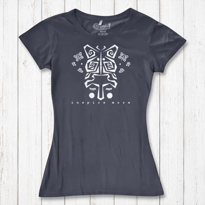Charcoal gray women's graphic t-shirt in bamboo and organic cotton with white butterfly design and 'Inspire More' text. Nature-themed sustainable fashion.