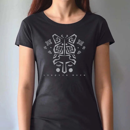 Black women's bamboo and organic cotton t-shirt with gray butterfly face design and 'Inspire More' message. Inspirational eco-friendly graphic tee.