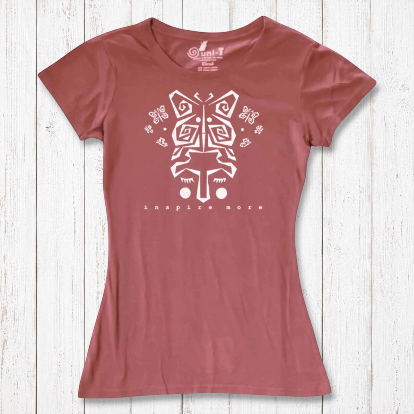 Dusty rose women's t-shirt made from bamboo and organic cotton featuring white butterfly art and 'Inspire More' text. Soft, sustainable gift for nature lovers.