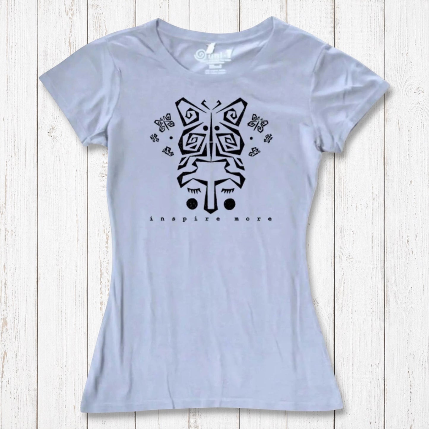 Light gray women's bamboo and organic cotton t-shirt with black butterfly face graphic and 'Inspire More' text. Eco-conscious inspirational clothing.
