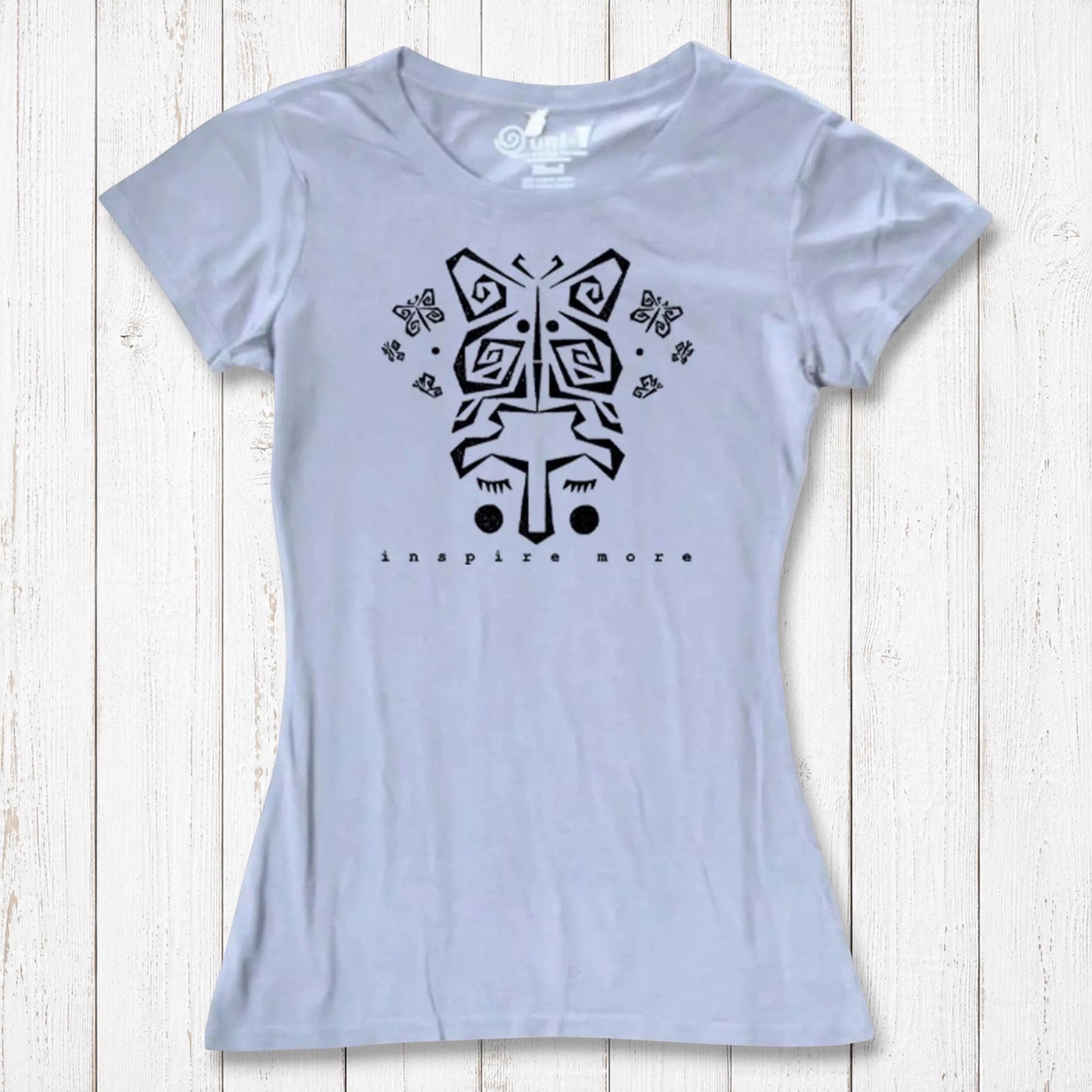 Light gray women's bamboo and organic cotton t-shirt with black butterfly face graphic and 'Inspire More' text. Eco-conscious inspirational clothing.