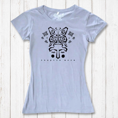 Light gray women's bamboo and organic cotton t-shirt with black butterfly face graphic and 'Inspire More' text. Eco-conscious inspirational clothing.