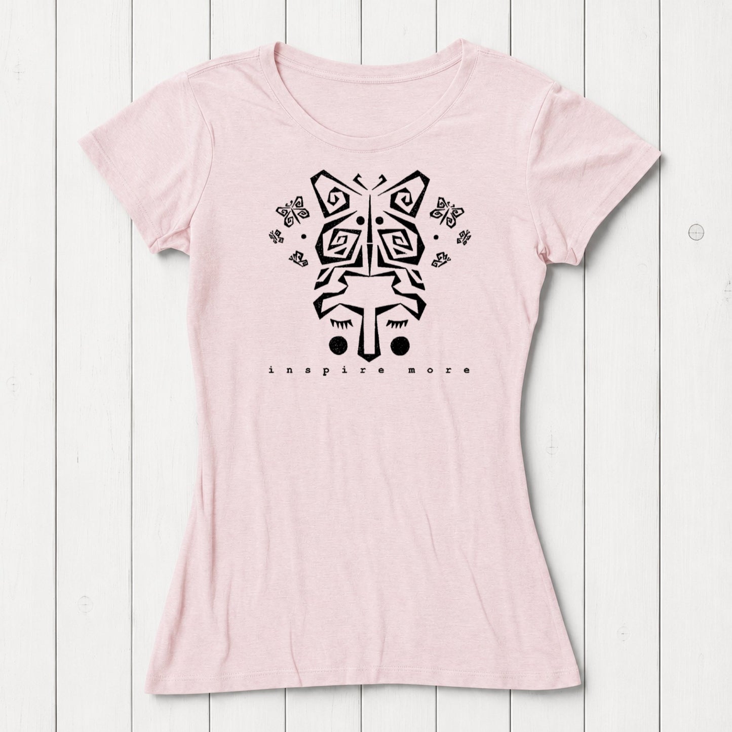 Pink women's bamboo and organic cotton t-shirt with white butterfly artwork and 'Inspire More' message. Sustainable and artistic graphic tee by Uni-T.
