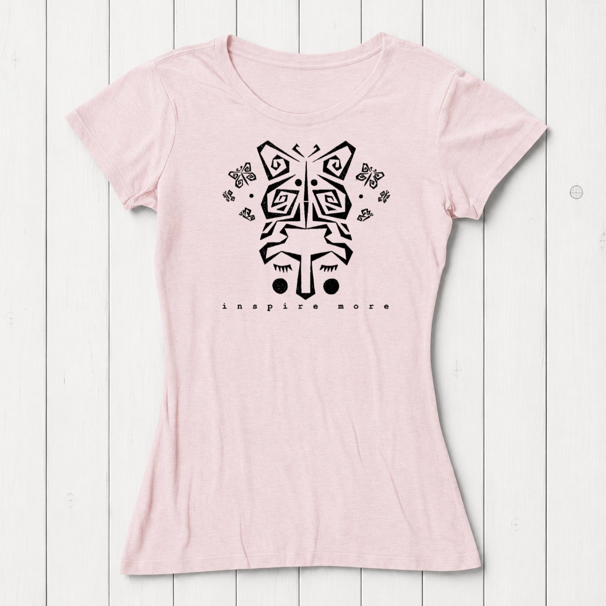 Pink women's bamboo and organic cotton t-shirt with white butterfly artwork and 'Inspire More' message. Sustainable and artistic graphic tee by Uni-T.