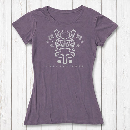 Purple women's bamboo and organic cotton t-shirt with light butterfly face design and 'Inspire More' text. Inspirational and eco-friendly fashion piece.