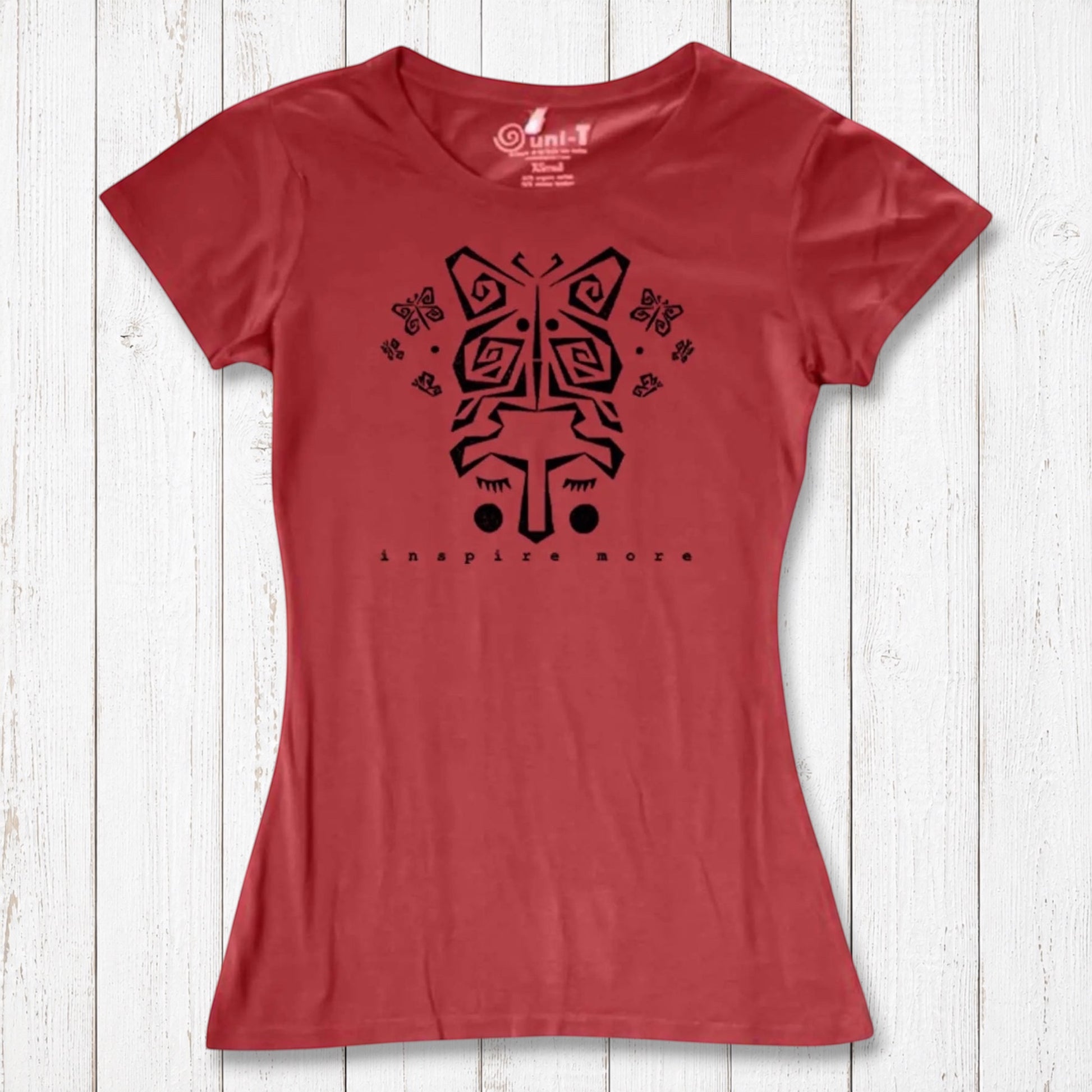 Red women's bamboo and organic cotton t-shirt with bold black butterfly graphic and 'Inspire More' message. Artistic and sustainable nature-themed tee.