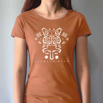 Rust orange women's bamboo and organic cotton t-shirt with white butterfly design and 'Inspire More' text. Eco-friendly inspirational gift idea.