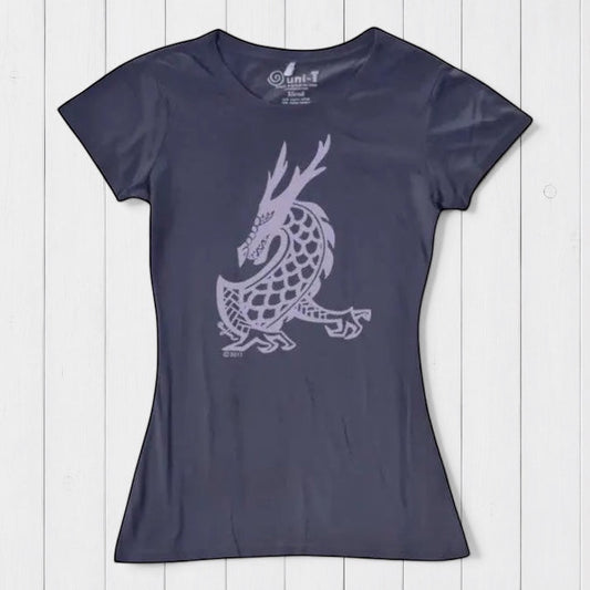 Women's Dragon T-Shirt in dark purple bamboo & organic cotton featuring a mythical creature graphic from Uni-T's fantasy art collection.