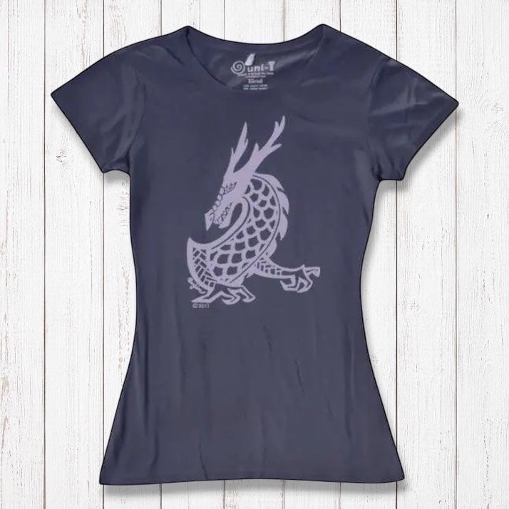 Women's Dragon T-Shirt in dark purple bamboo & organic cotton featuring a mythical creature graphic from Uni-T's fantasy art collection.