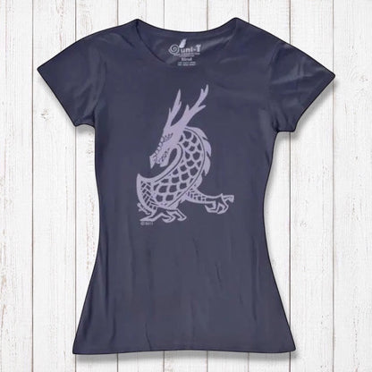 Women's Dragon T-Shirt in dark purple bamboo & organic cotton featuring a mythical creature graphic from Uni-T's fantasy art collection.