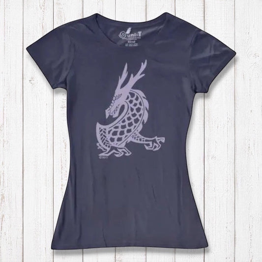 Women's Dragon T-Shirt in dark purple bamboo & organic cotton featuring a mythical creature graphic from Uni-T's fantasy art collection.