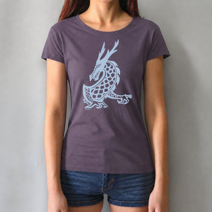 Model wearing Women's Dragon T-Shirt in dark purple bamboo & organic cotton, showcasing Uni-T's fantasy art graphic of a majestic dragon.