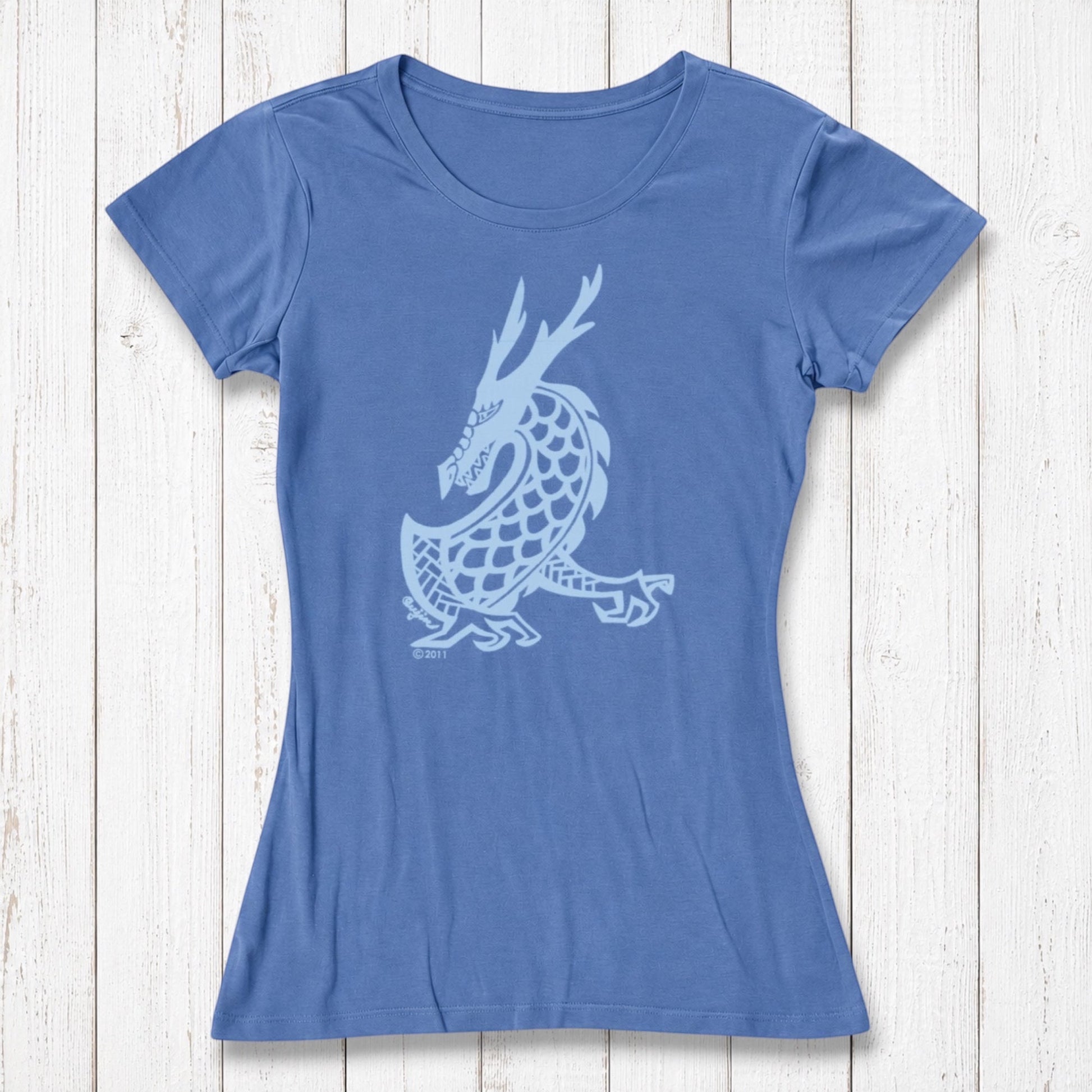 Light blue Women's Dragon T-Shirt made from bamboo & organic cotton, featuring a fantasy dragon graphic by Uni-T for eco-conscious style lovers.