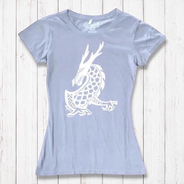 Ivory-toned Women's Dragon T-Shirt in bamboo & organic cotton with a bold white mythical dragon print, ideal fantasy art gift for her.