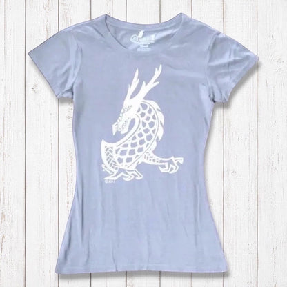 Ivory-toned Women's Dragon T-Shirt in bamboo & organic cotton with a bold white mythical dragon print, ideal fantasy art gift for her.