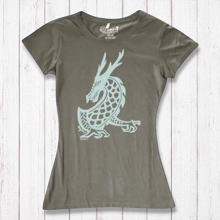 Khaki green Women's Dragon T-Shirt crafted from bamboo & organic cotton, adorned with a light blue fantasy dragon graphic by Uni-T.
