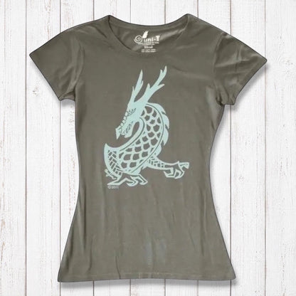 Khaki green Women's Dragon T-Shirt crafted from bamboo & organic cotton, adorned with a light blue fantasy dragon graphic by Uni-T.