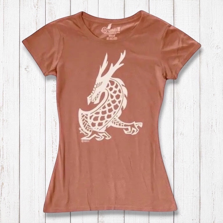 Terracotta Women's Dragon T-Shirt in bamboo & organic cotton, featuring a cream-colored fantasy dragon design from Uni-T's mythical series.