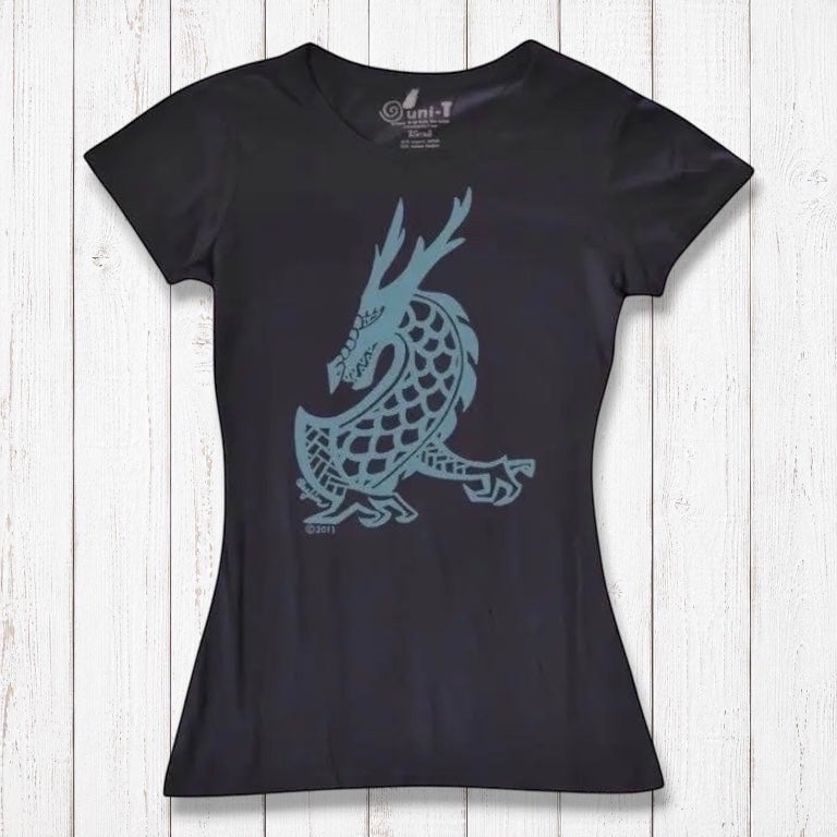 Black Women's Dragon T-Shirt in bamboo & organic cotton with a teal mythical dragon graphic, part of Uni-T's fantasy art apparel line.