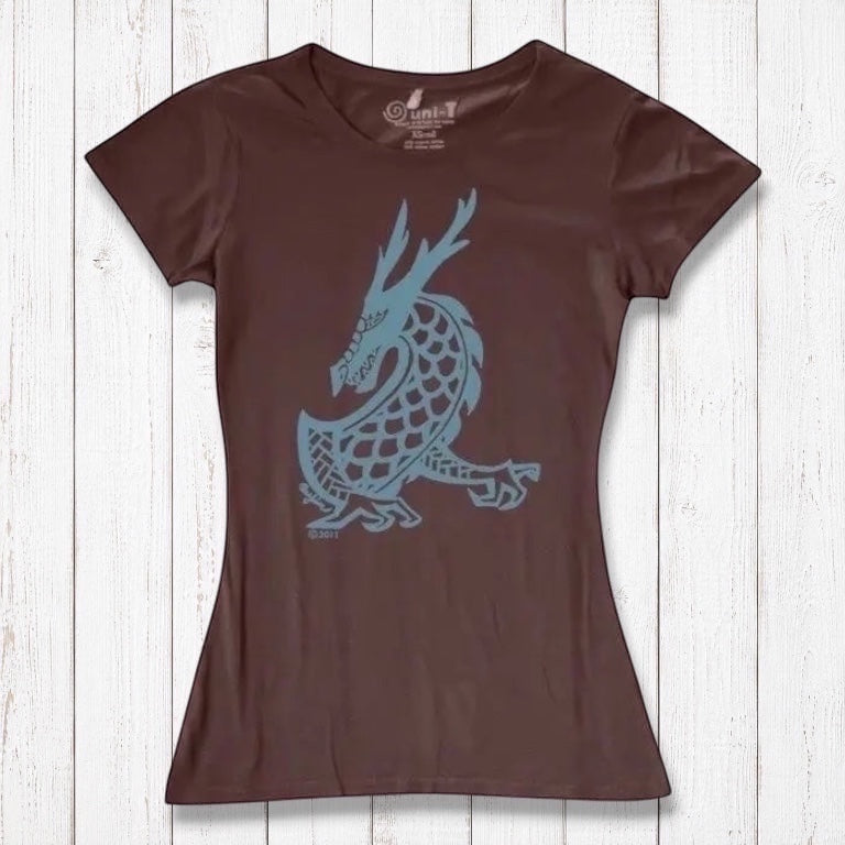 Dark brown Women's Dragon T-Shirt made from bamboo & organic cotton, showcasing a teal fantasy dragon print for a bold mythical look.