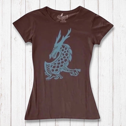 Dark brown Women's Dragon T-Shirt made from bamboo & organic cotton, showcasing a teal fantasy dragon print for a bold mythical look.