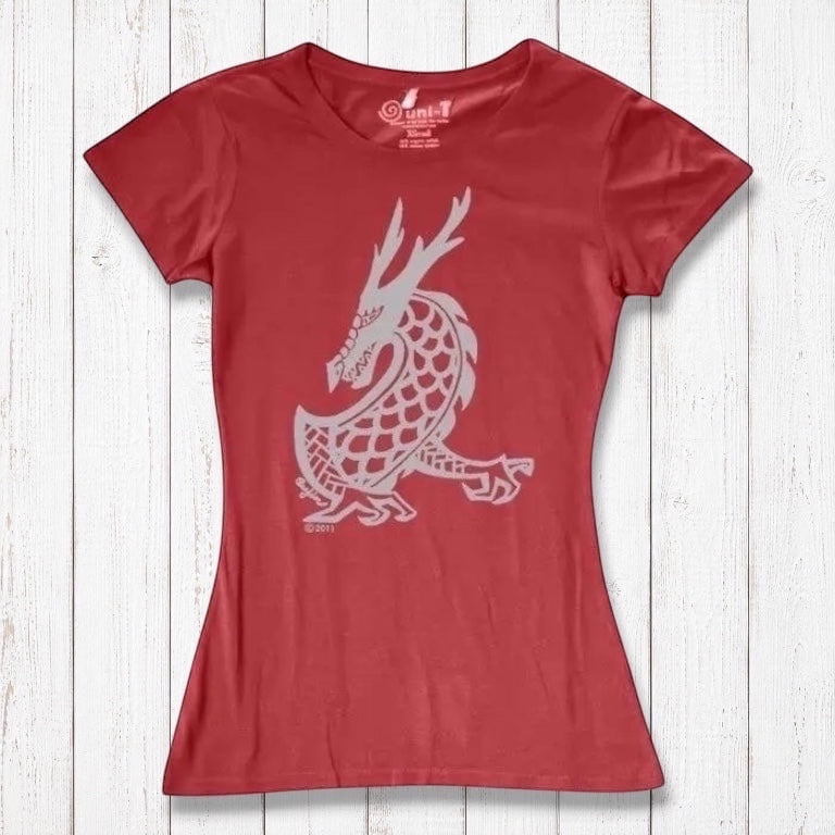 Red clay Women's Dragon T-Shirt in bamboo & organic cotton, detailed with a light grey fantasy dragon graphic from Uni-T's creature series.