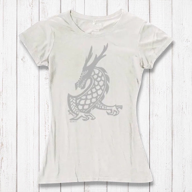Ivory Women's Dragon T-Shirt in bamboo & organic cotton, featuring a subtle grey dragon graphic for a soft fantasy-inspired fashion statement.