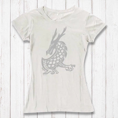 Ivory Women's Dragon T-Shirt in bamboo & organic cotton, featuring a subtle grey dragon graphic for a soft fantasy-inspired fashion statement.