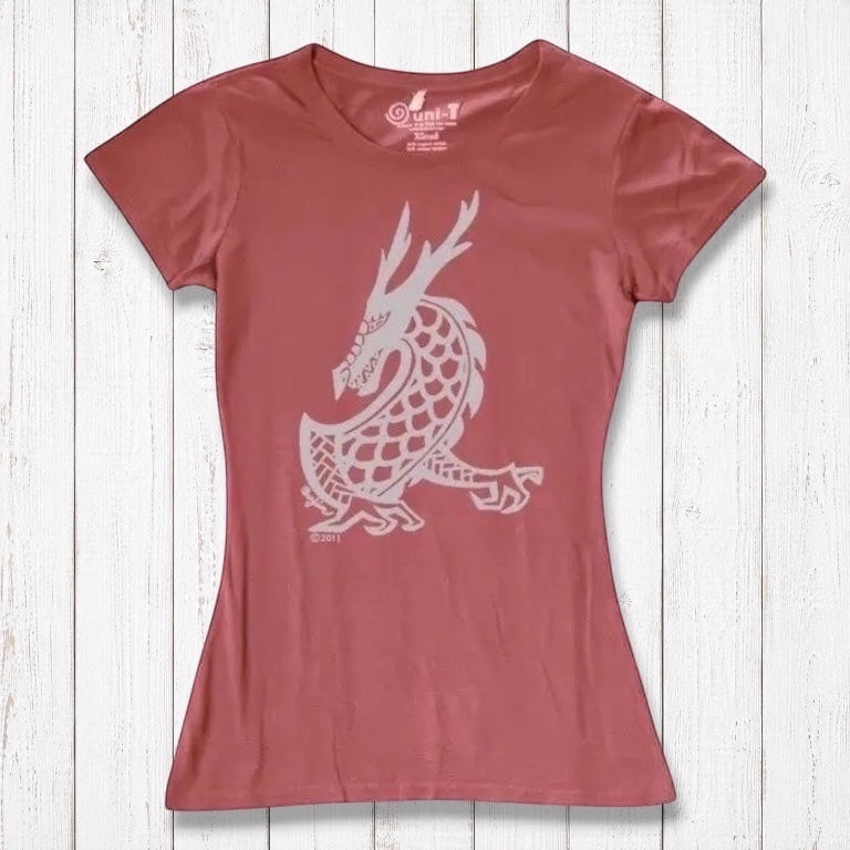 Rustic pink Women's Dragon T-Shirt in bamboo & organic cotton with a light grey fantasy dragon print, perfect for fans of mythical art.