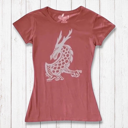 Rustic pink Women's Dragon T-Shirt in bamboo & organic cotton with a light grey fantasy dragon print, perfect for fans of mythical art.
