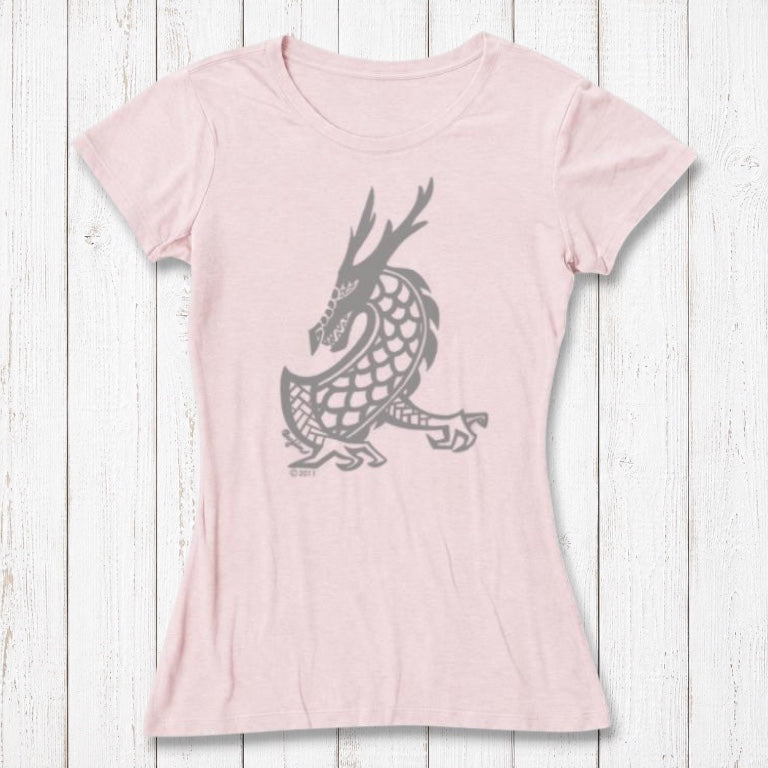 Light pink Women's Dragon T-Shirt in bamboo & organic cotton, featuring a white fantasy dragon graphic from Uni-T's mythical creature line.