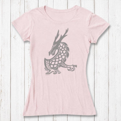 Light pink Women's Dragon T-Shirt in bamboo & organic cotton, featuring a white fantasy dragon graphic from Uni-T's mythical creature line.