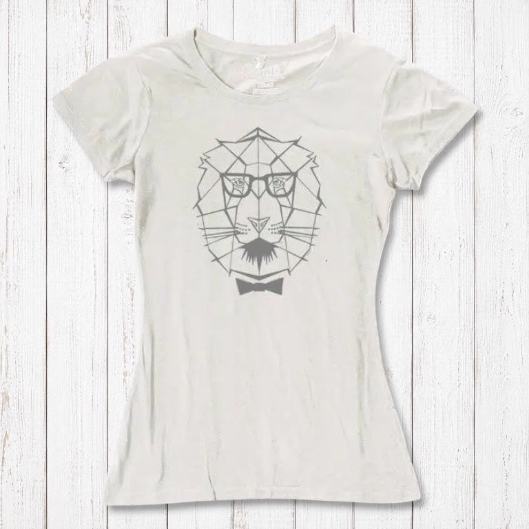 Women's Lion T-Shirt in ivory bamboo & organic cotton with geometric lion graphic and bow tie, symbolizing courage and strength.