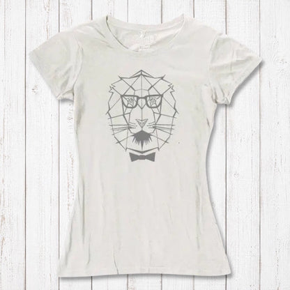 Women's Lion T-Shirt in ivory bamboo & organic cotton with geometric lion graphic and bow tie, symbolizing courage and strength.
