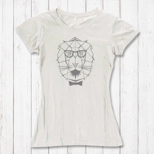 Women's Lion T-Shirt in ivory bamboo & organic cotton with geometric lion graphic and bow tie, symbolizing courage and strength.