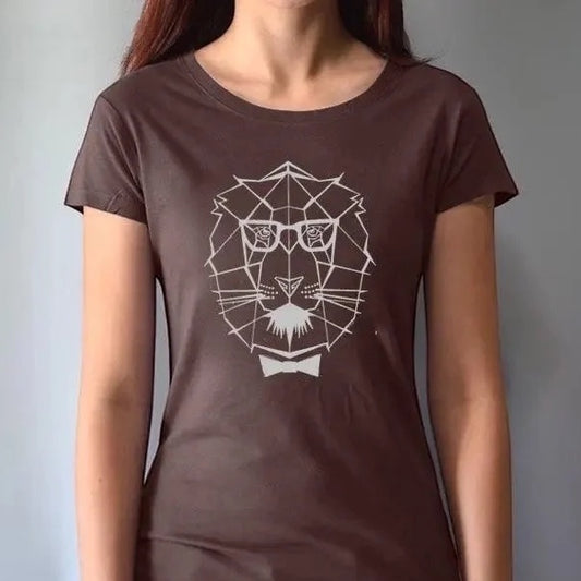 Dark brown Women's Lion T-Shirt made from bamboo & organic cotton, featuring modern safari lion graphic and empowering 'Roar More' theme.